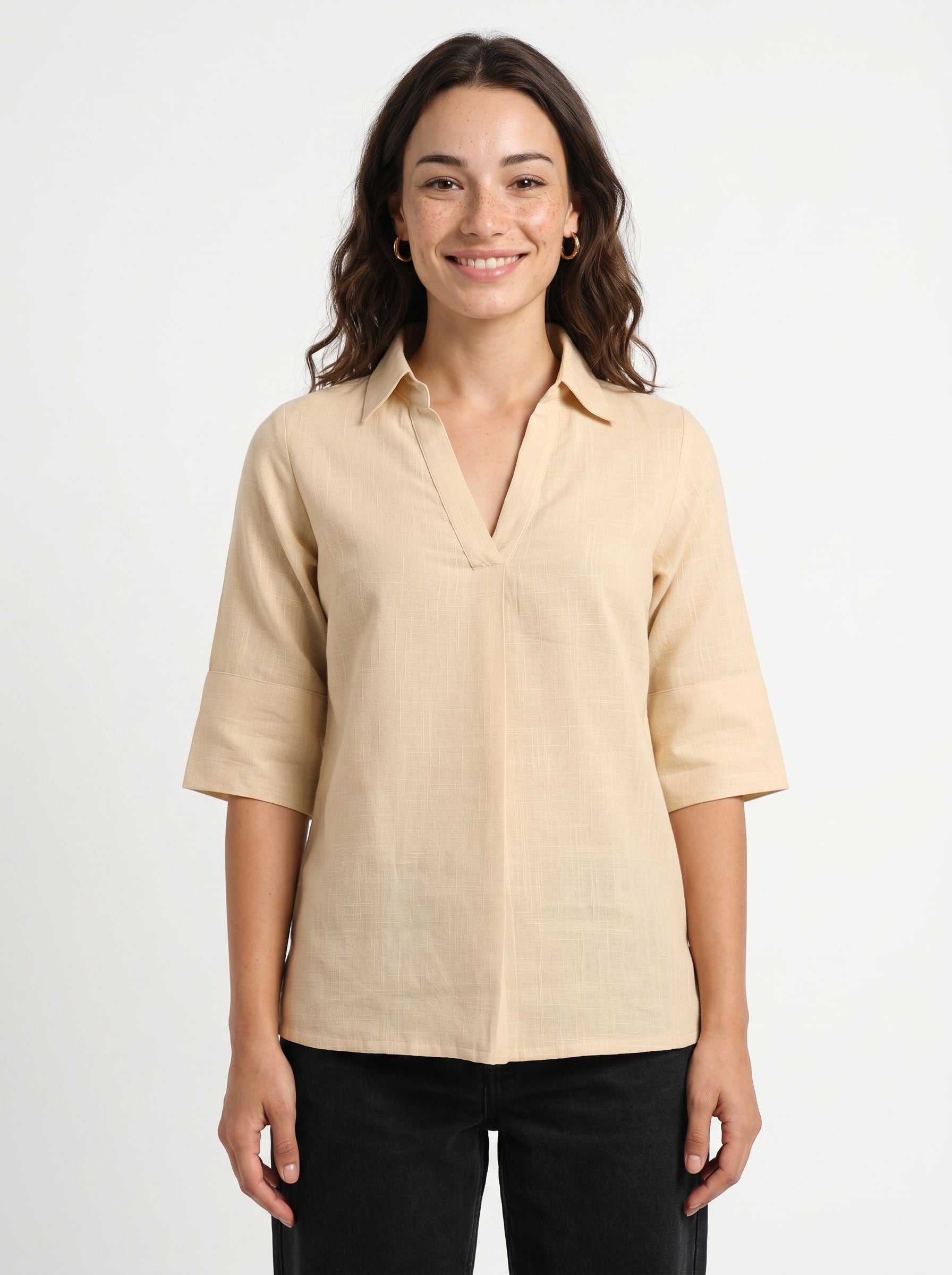 Beige Shirt Collar Solid Cotton Top For Women