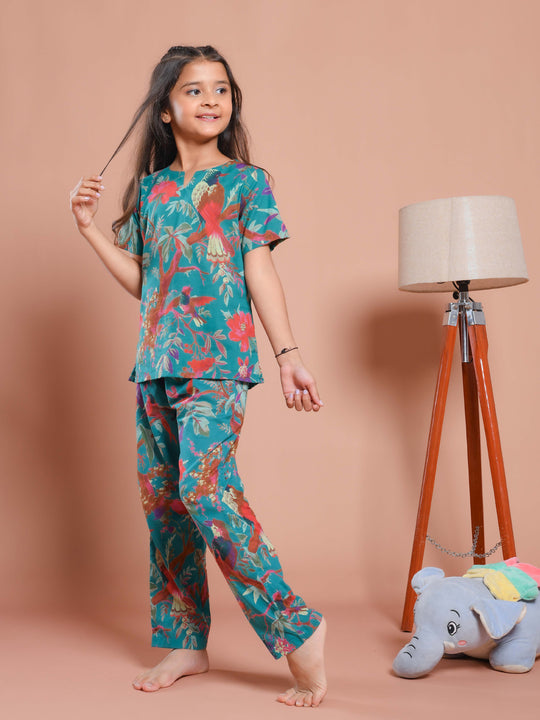 Blue Floral Printed Round Neck Kids Night Suit