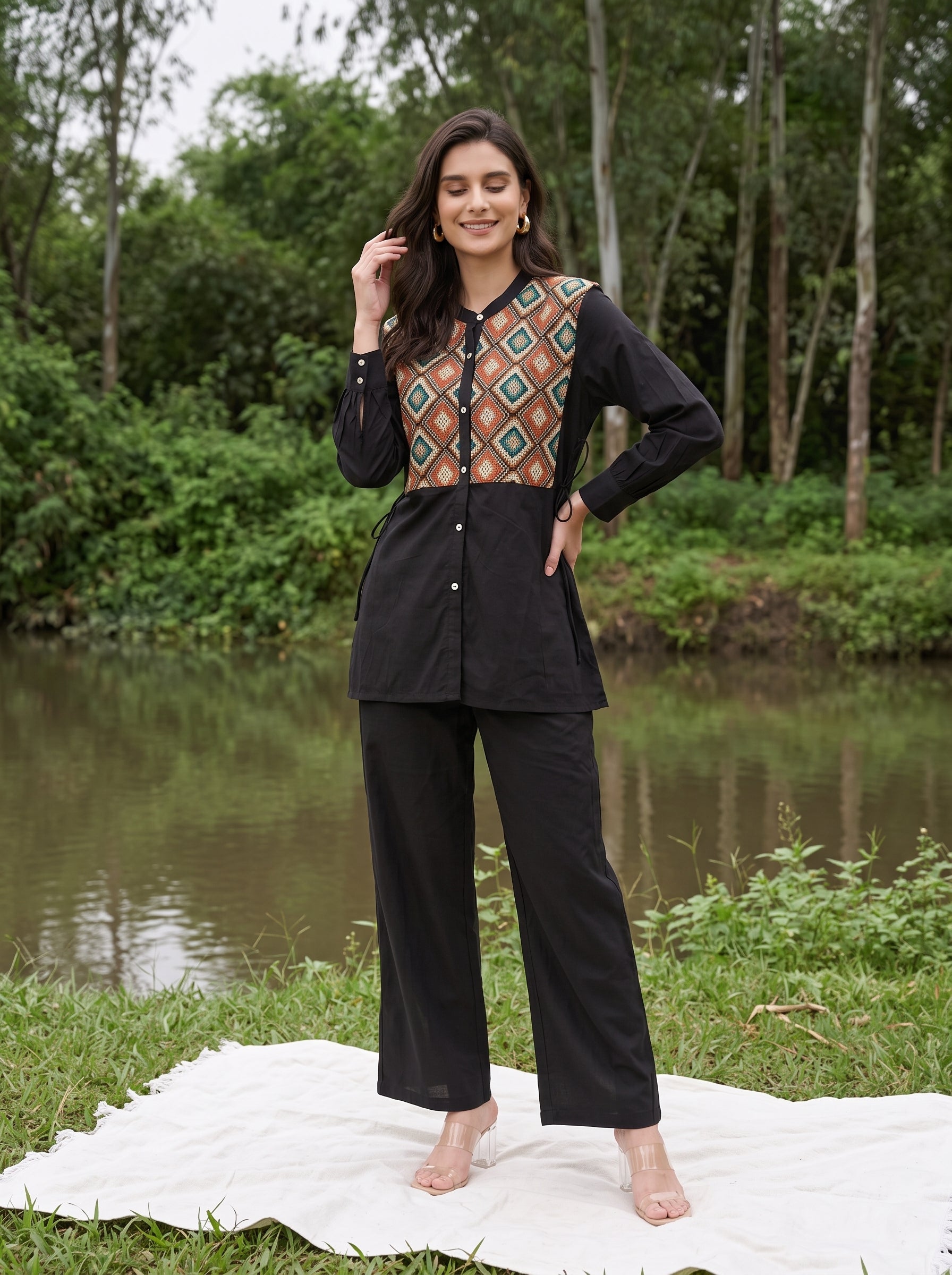 Black Solid Round Neck Pure Cotton Co-Ord Set For Women