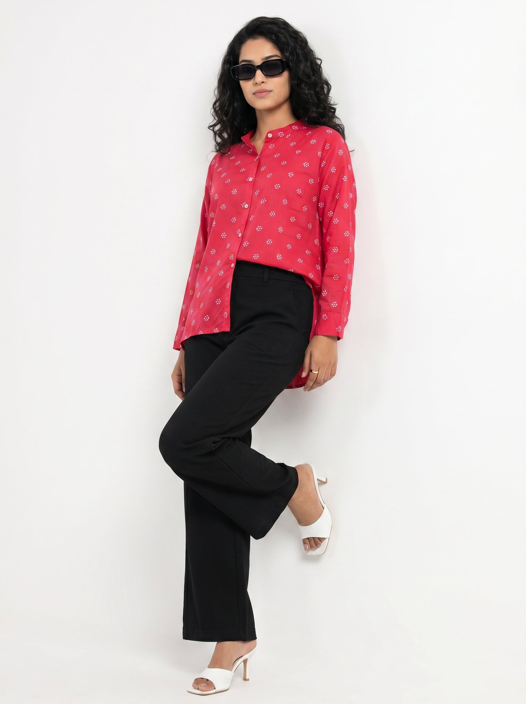 Pink Mandarin Collar Geometric Print Shirt For Women
