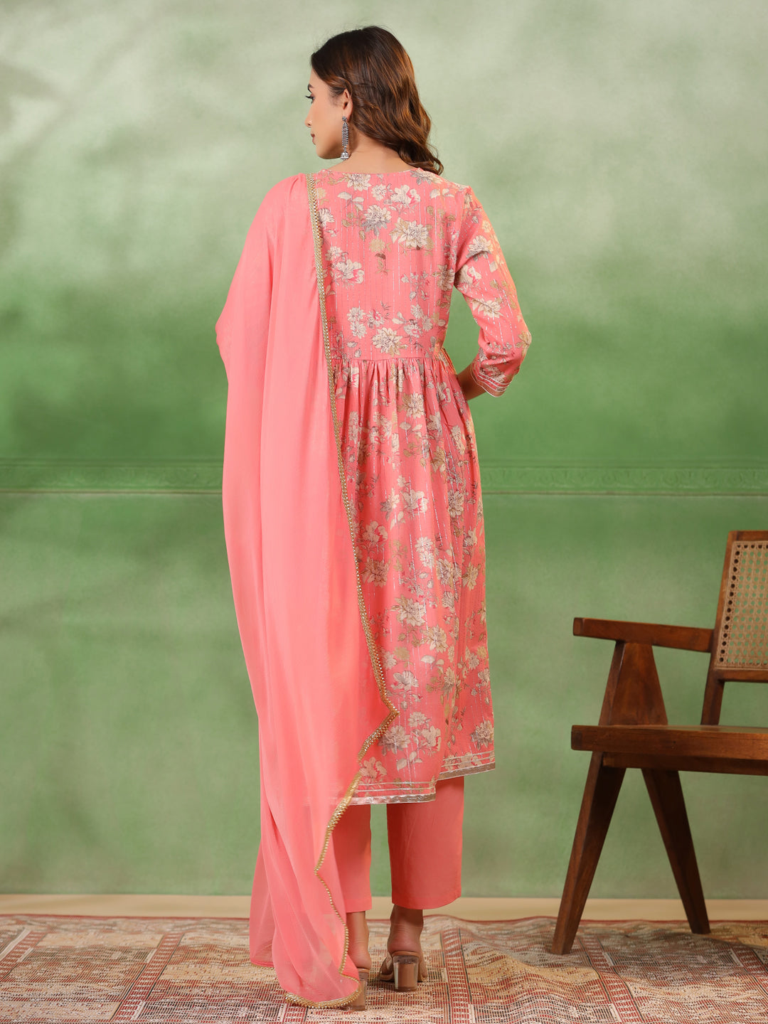 Peach V-Neck Pure Cotton Kurta Set with Dupatta for Women
