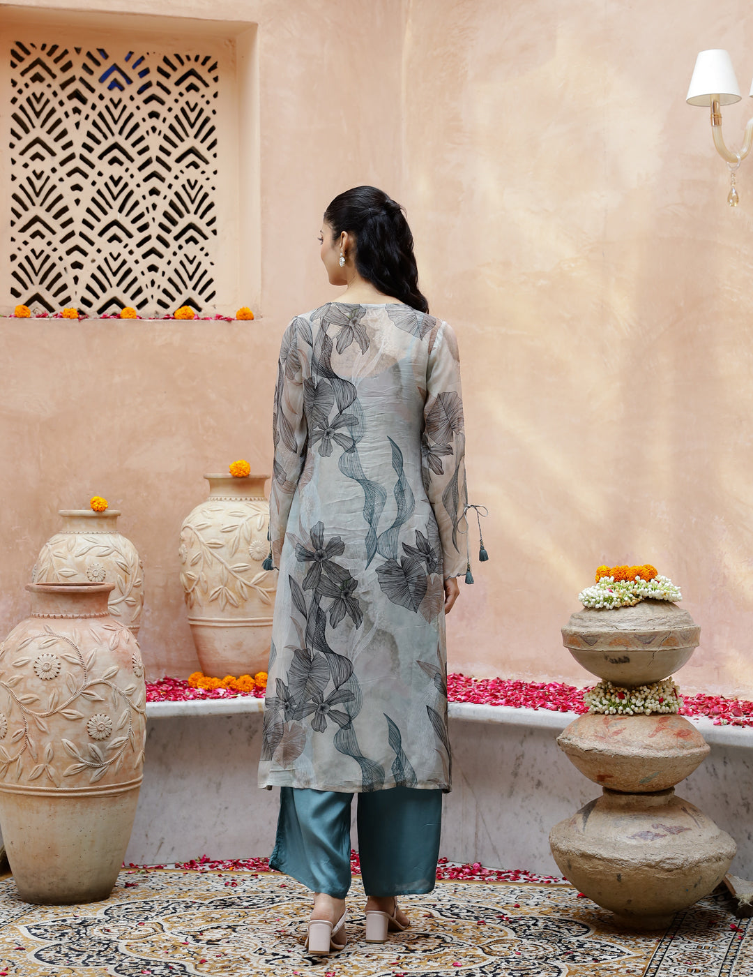 Green Floral Printed Sweetheart Neck Kurta Set For Women