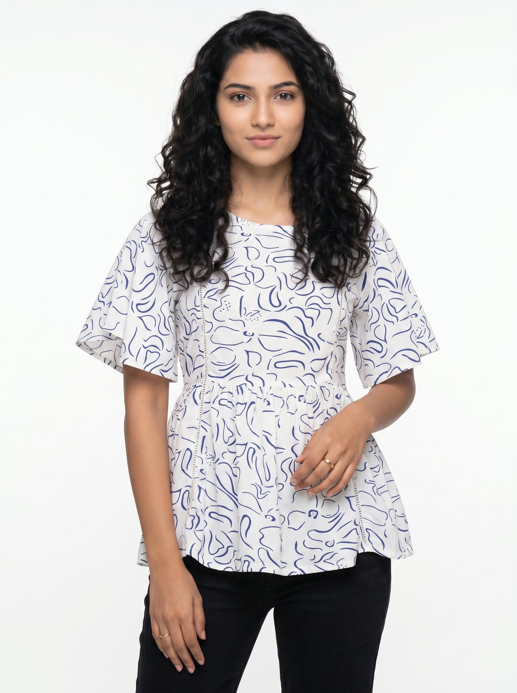 White Floral Printed Round Neck Top for Women