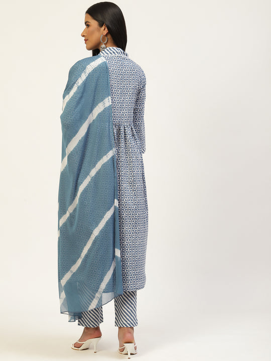 Blue Pure Cotton Floral Printed V-Neck Kurta Set with Dupatta