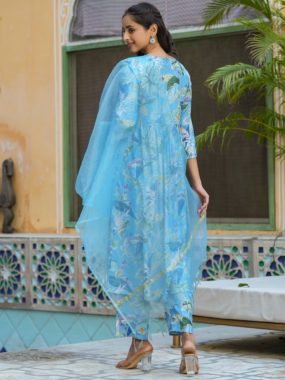 Blue V-Neck Floral Print Mirror Work Kurta Set For Women