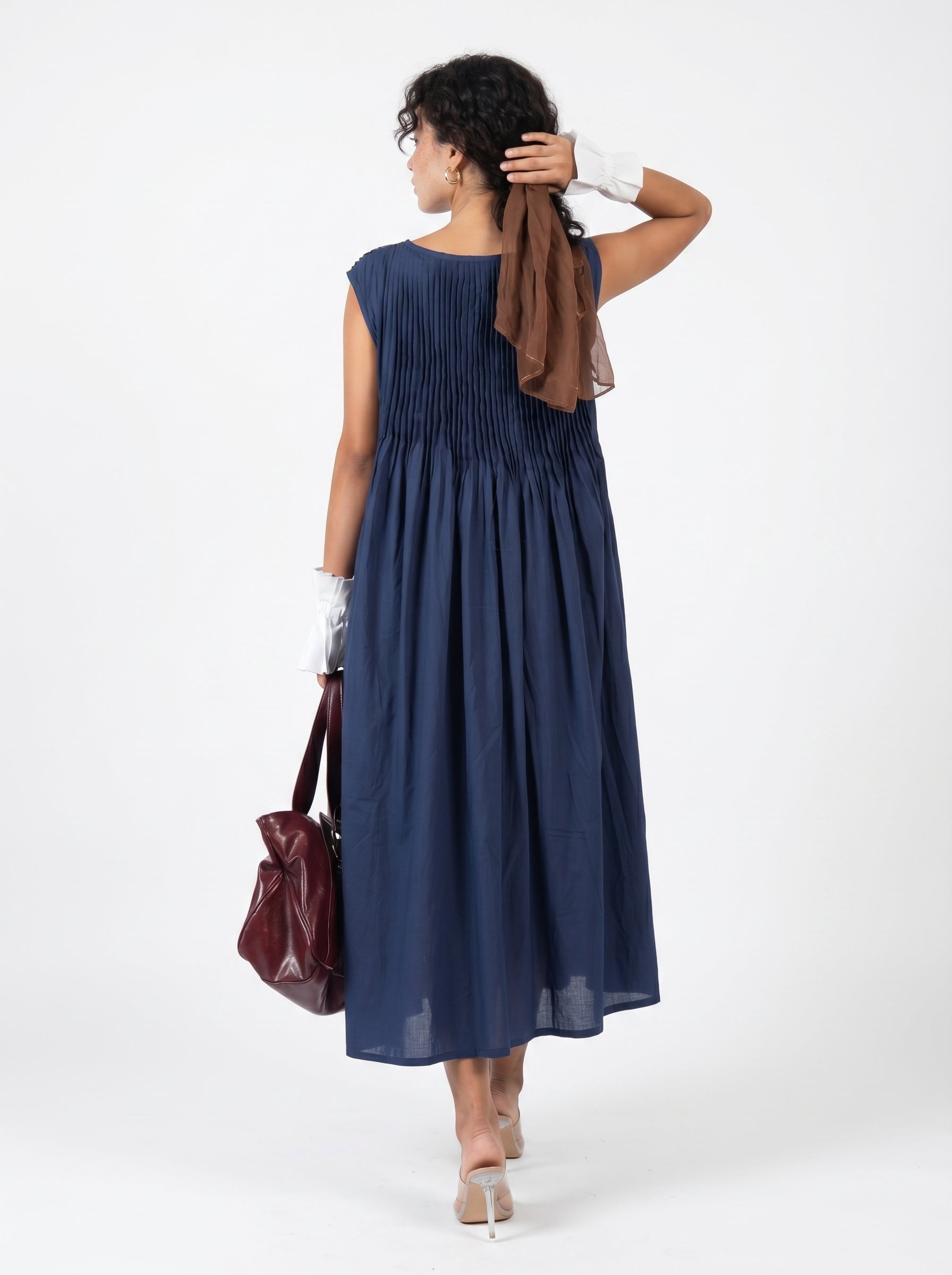 Navy Blue Solid Round Neck Flared Cotton Dress For Women