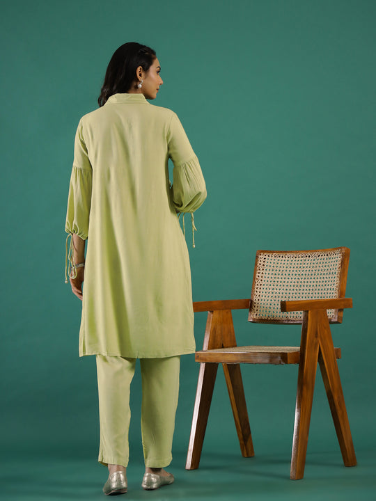 Lime Green Embellished Shirt Collar Cotton Blend Kurta Set for Women