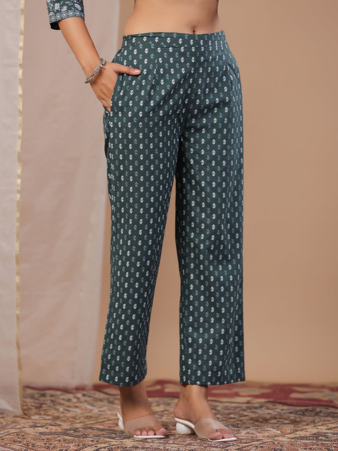 Green Color Pure Cotton Floral Printed Round Neck Kurta Set