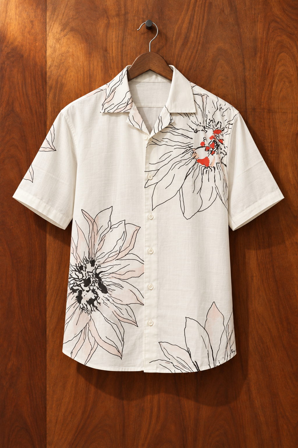 White & Black Floral Line Art Cotton Cuban Collar Short Sleeve Shirt