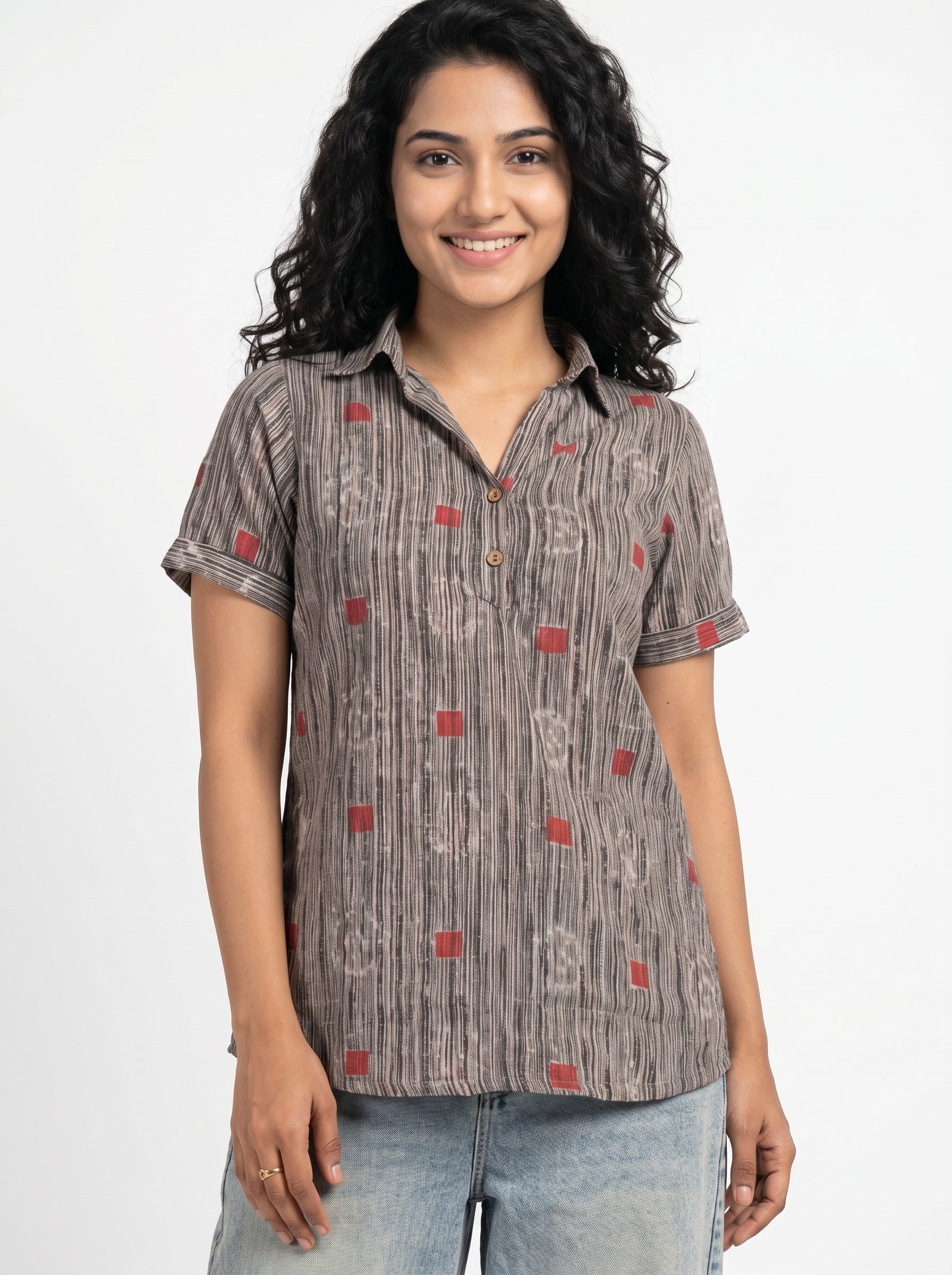 Grey Shirt Collar Abstract Print Cotton Top For Women