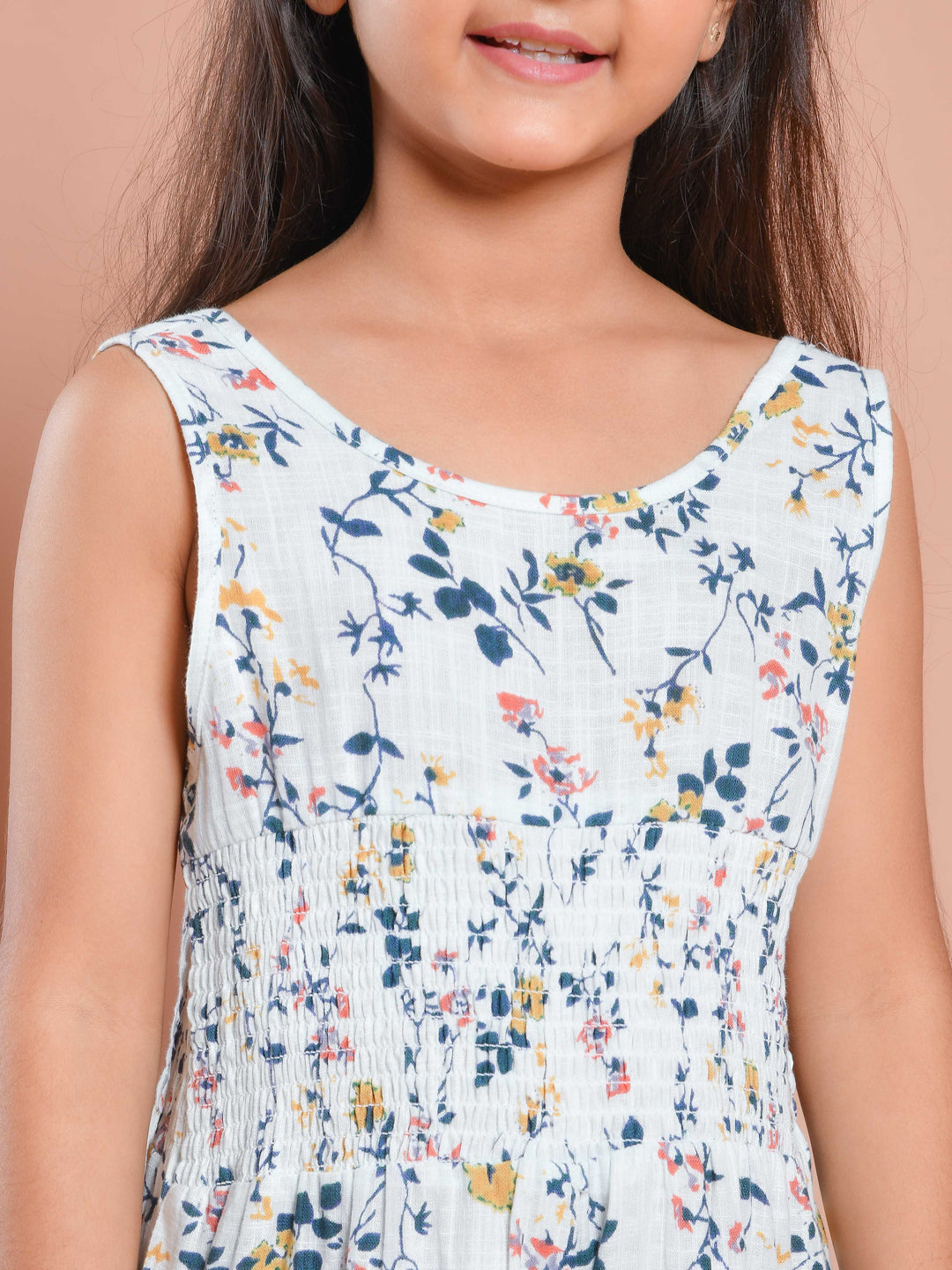 White Floral Printed Round Neck Jump Suit