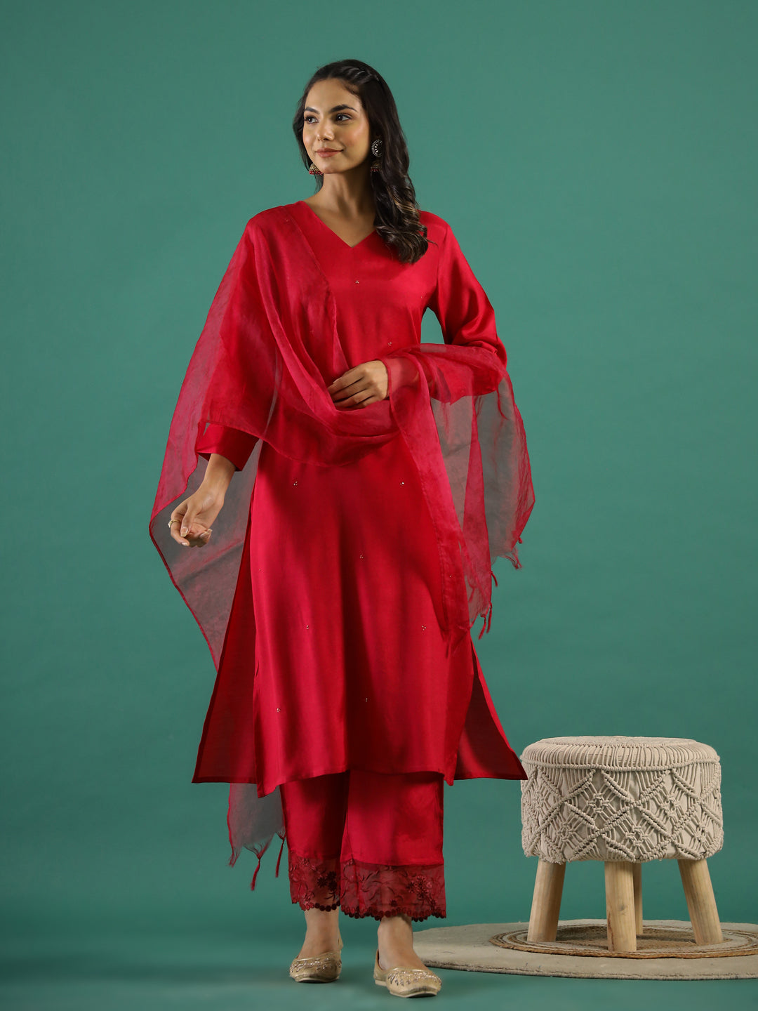 V-Neck Sequinned Straight Red Kurta With Trousers