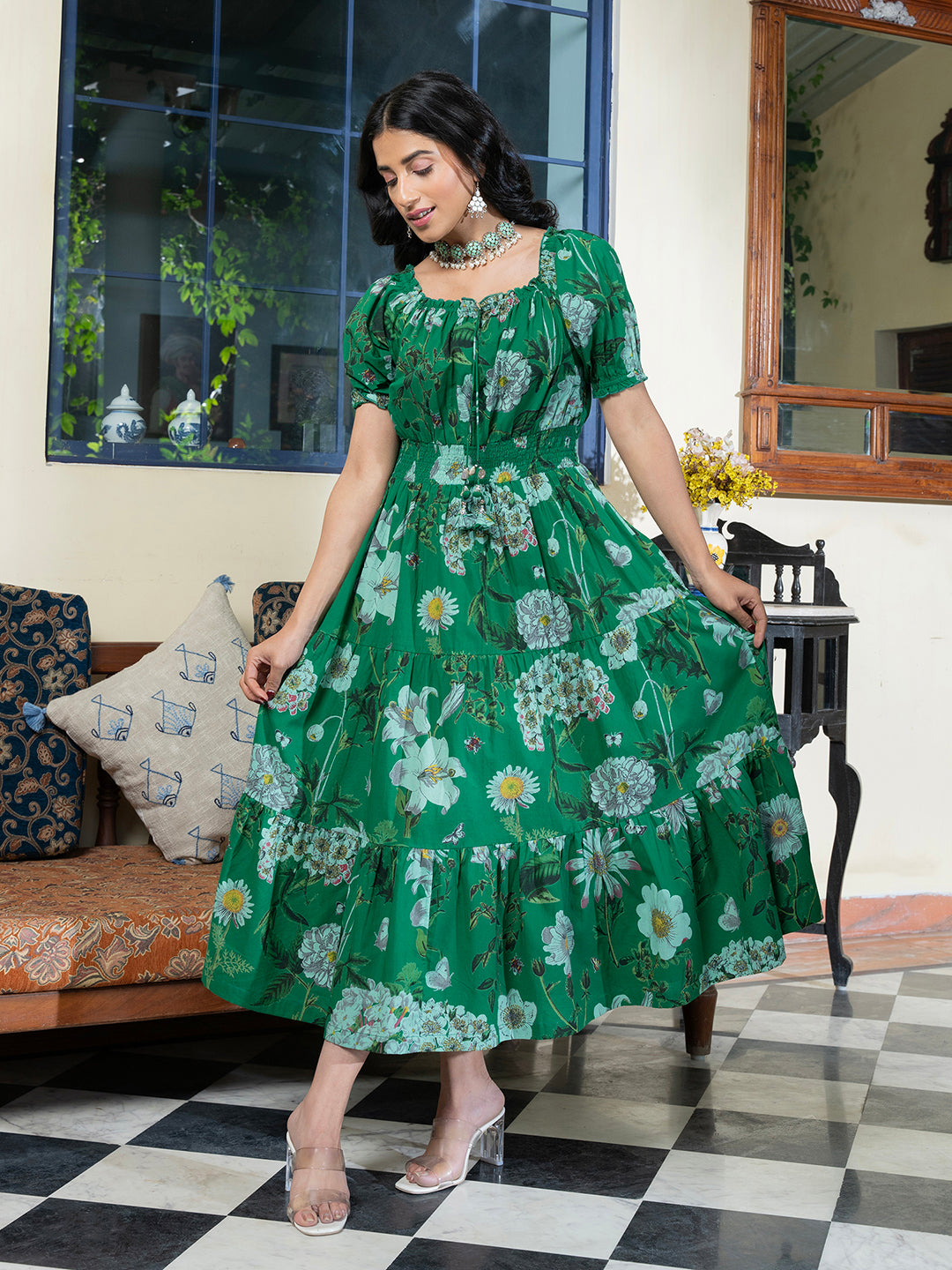 Green Floral Printed Square Neck Cotton Tiered Fit and Flare Ethnic Dress For Women