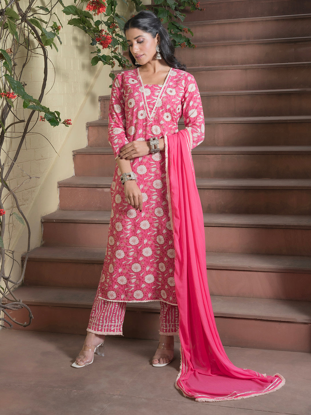 Floral Printed Pure Cotton Straight Kurta With Trousers & Dupatta