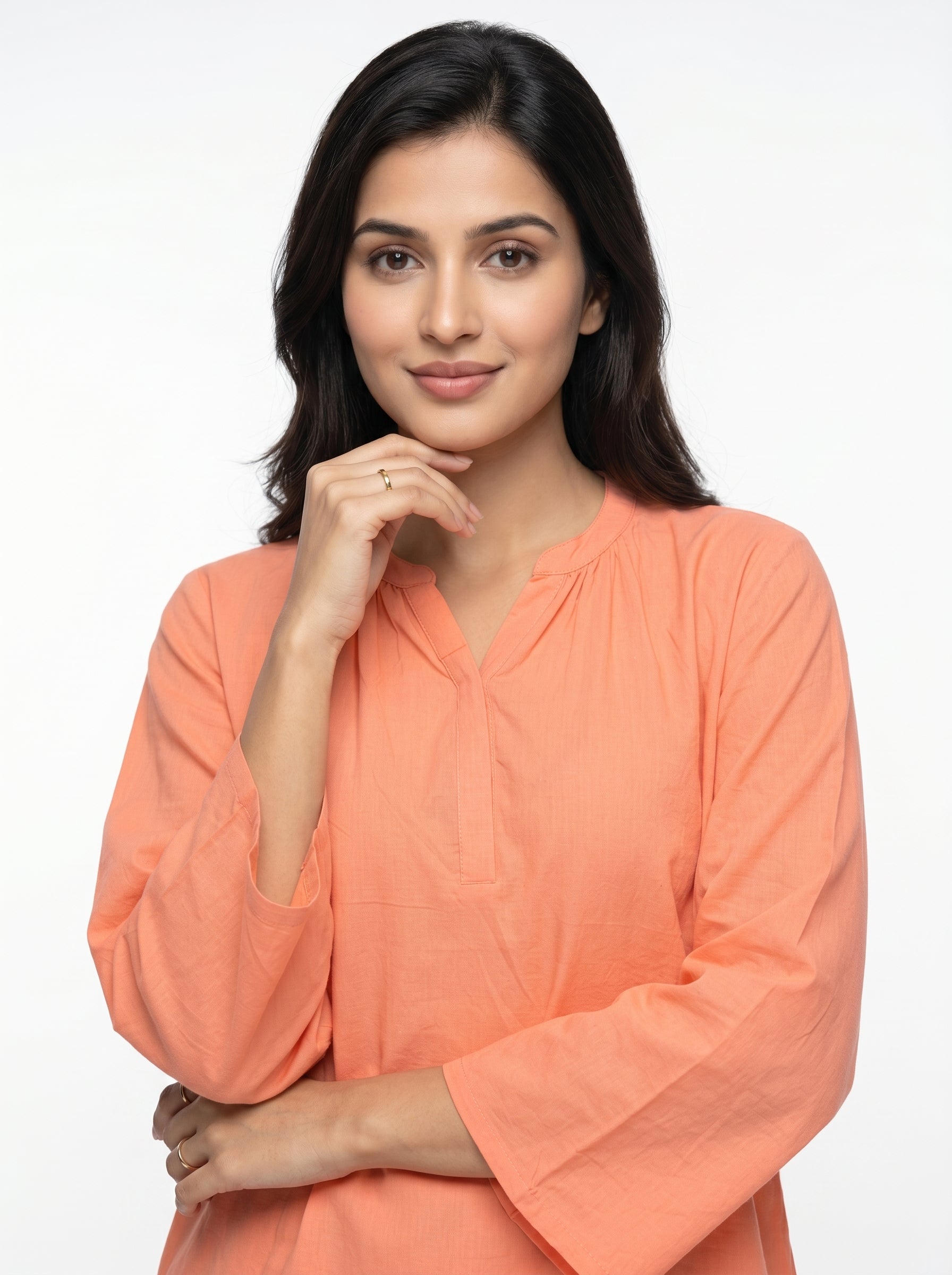 Orange Solid Mandarin Collar Pure Cotton Top For Women