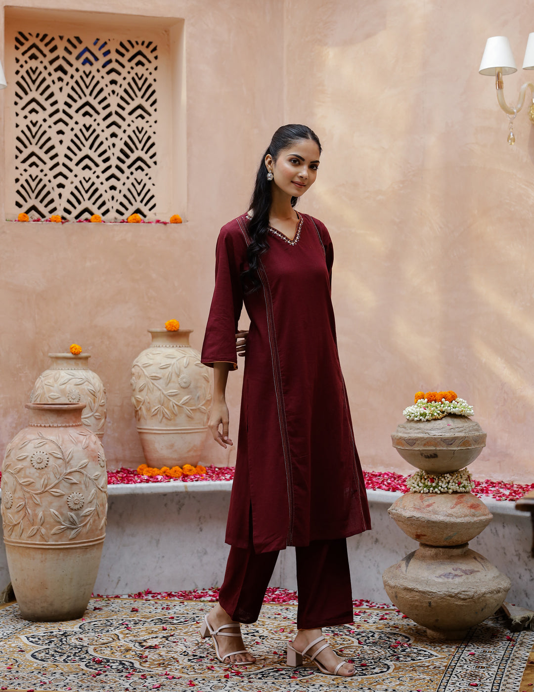 V-Neck Cotton Maroon Kurta Set For Women