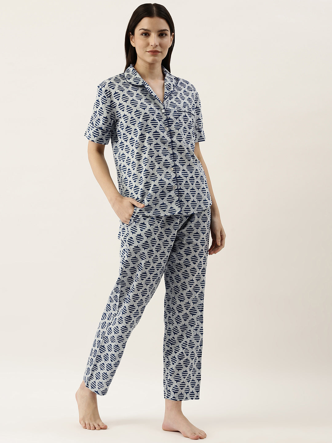 Blue Printed Lapel Collar Pure Cotton Pyjama Night Suit For Women