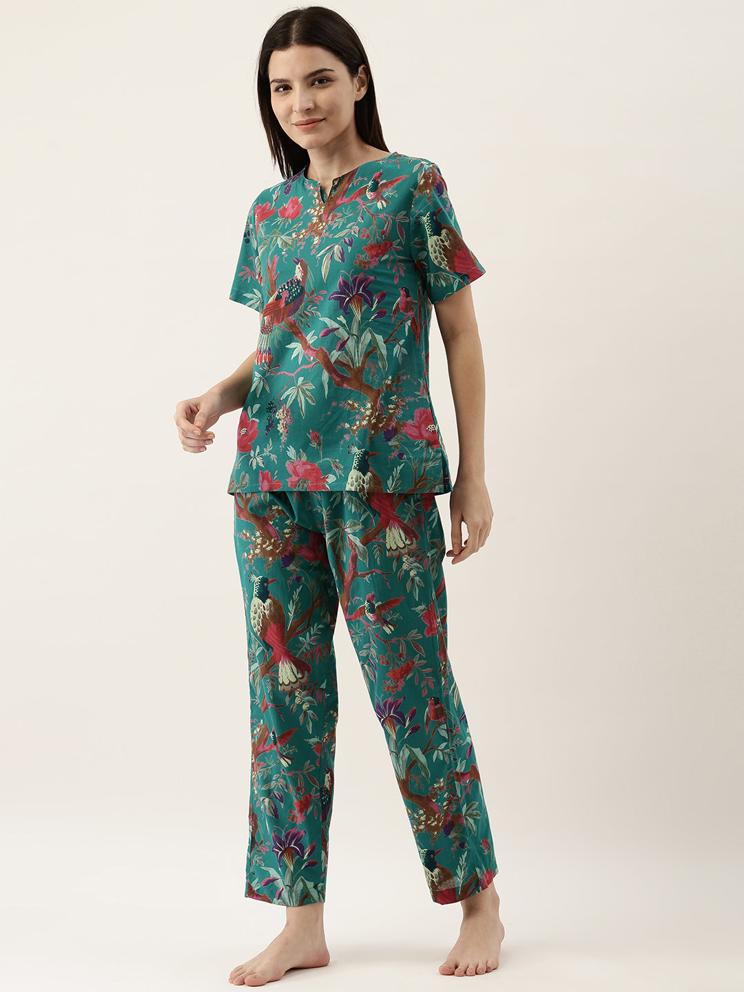 Teal Green Floral Round Neck Cotton Night Suit Set For Women