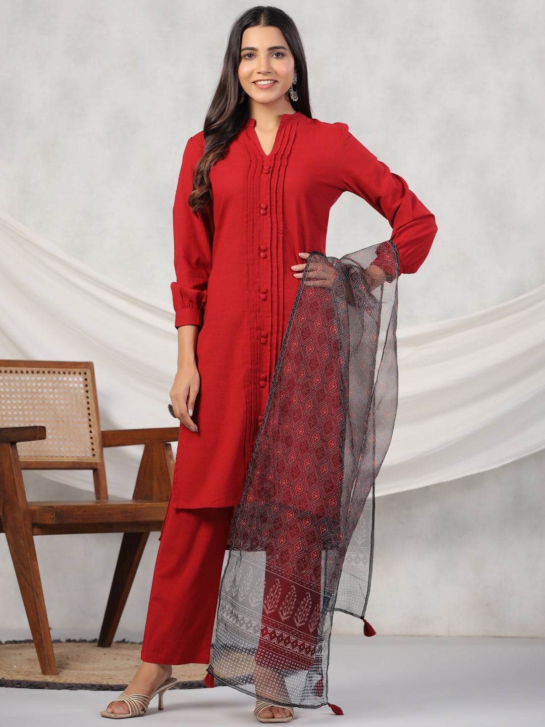 Women Pure Cotton Kurta Set With Orgenza Dupatta