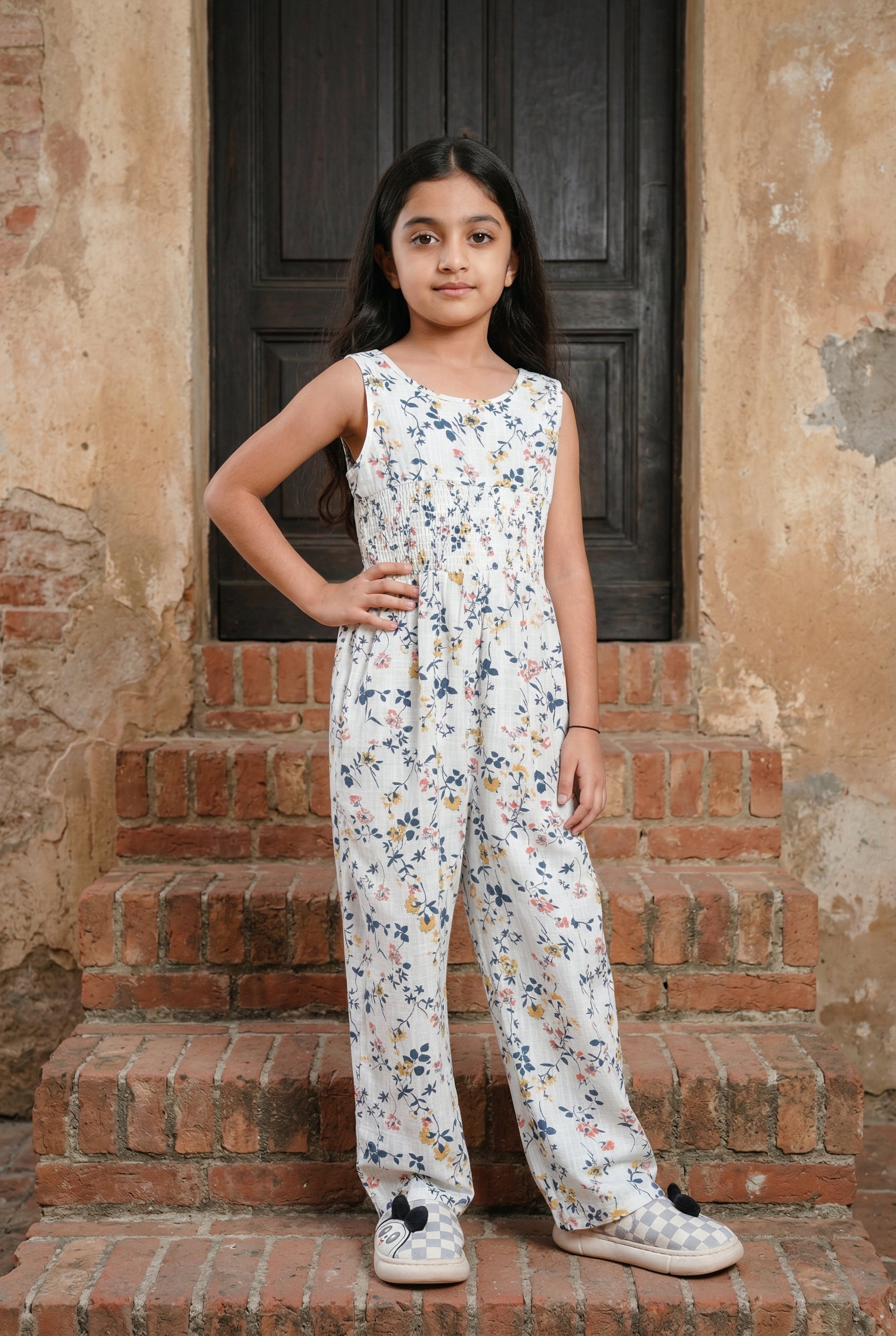 White Round Neck Floral Print Cotton Jumpsuit For Kids