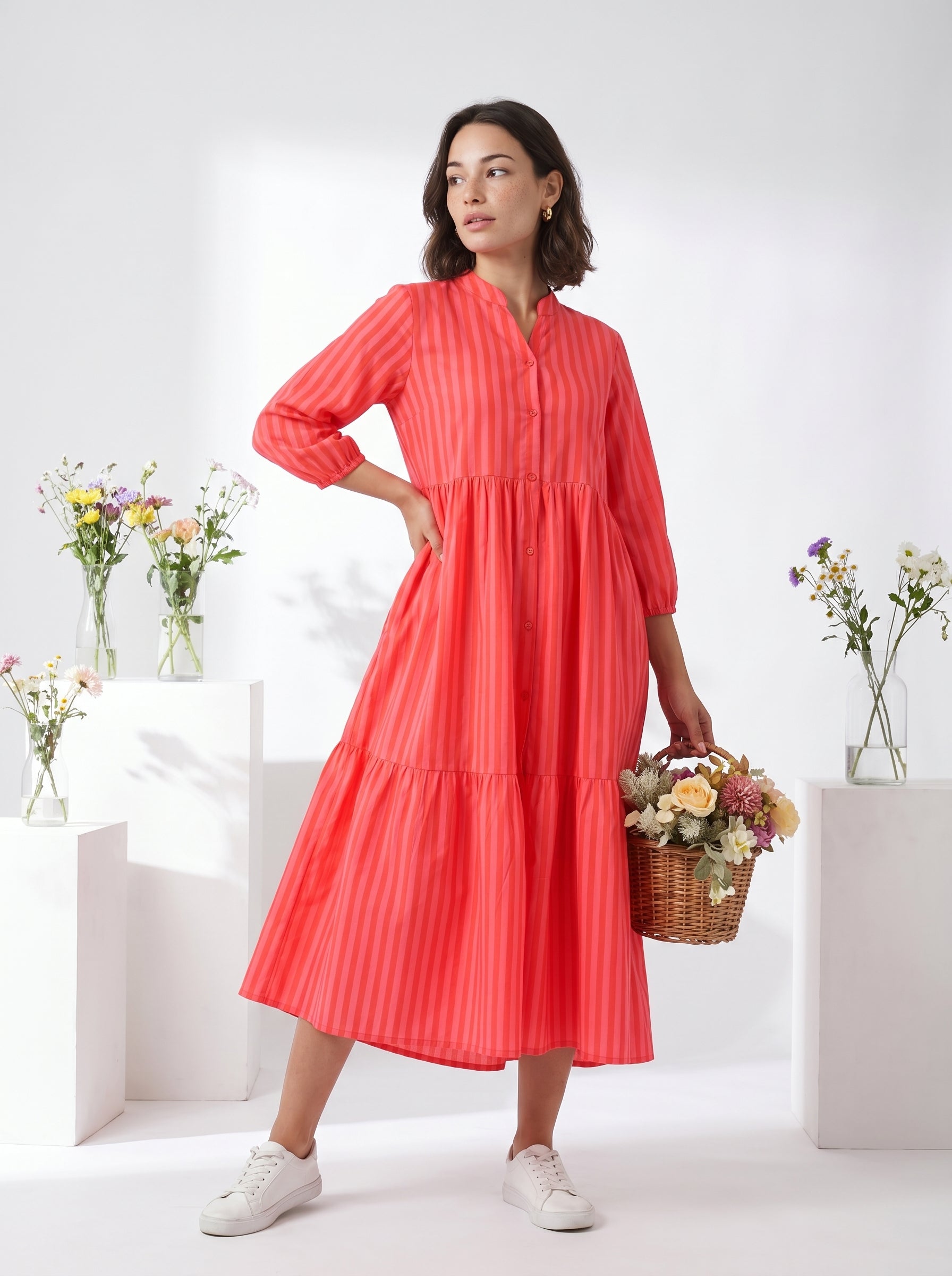 Pink Round Neck Striped Flared Cotton Dress For Women