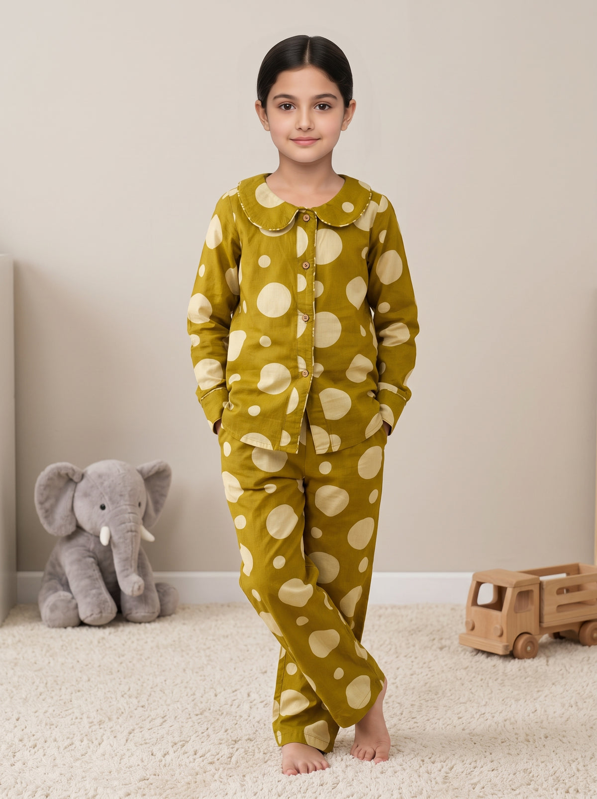 Mustard Round Neck Polka Dot Pure Cotton Night Suit For Kids