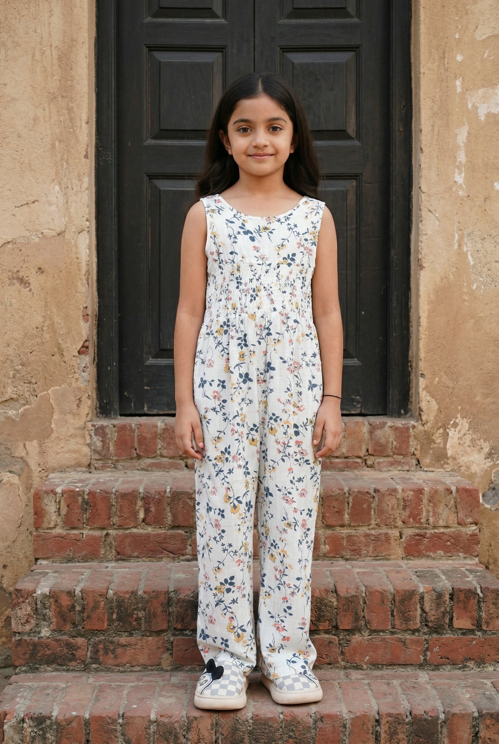 White Round Neck Floral Print Cotton Jumpsuit For Kids