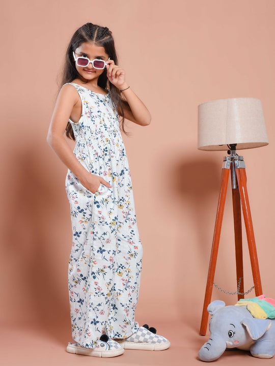 White Floral Printed Round Neck Jump Suit