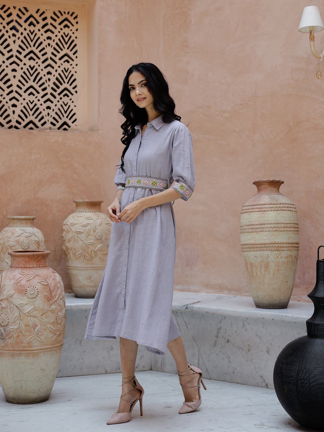 Solid Print Cotton Shirt Collar Dress