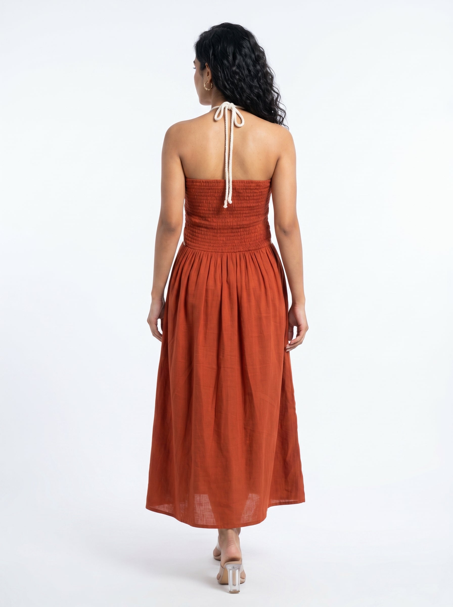 Rust V-Neck Solid Flared Cotton Dress For Women