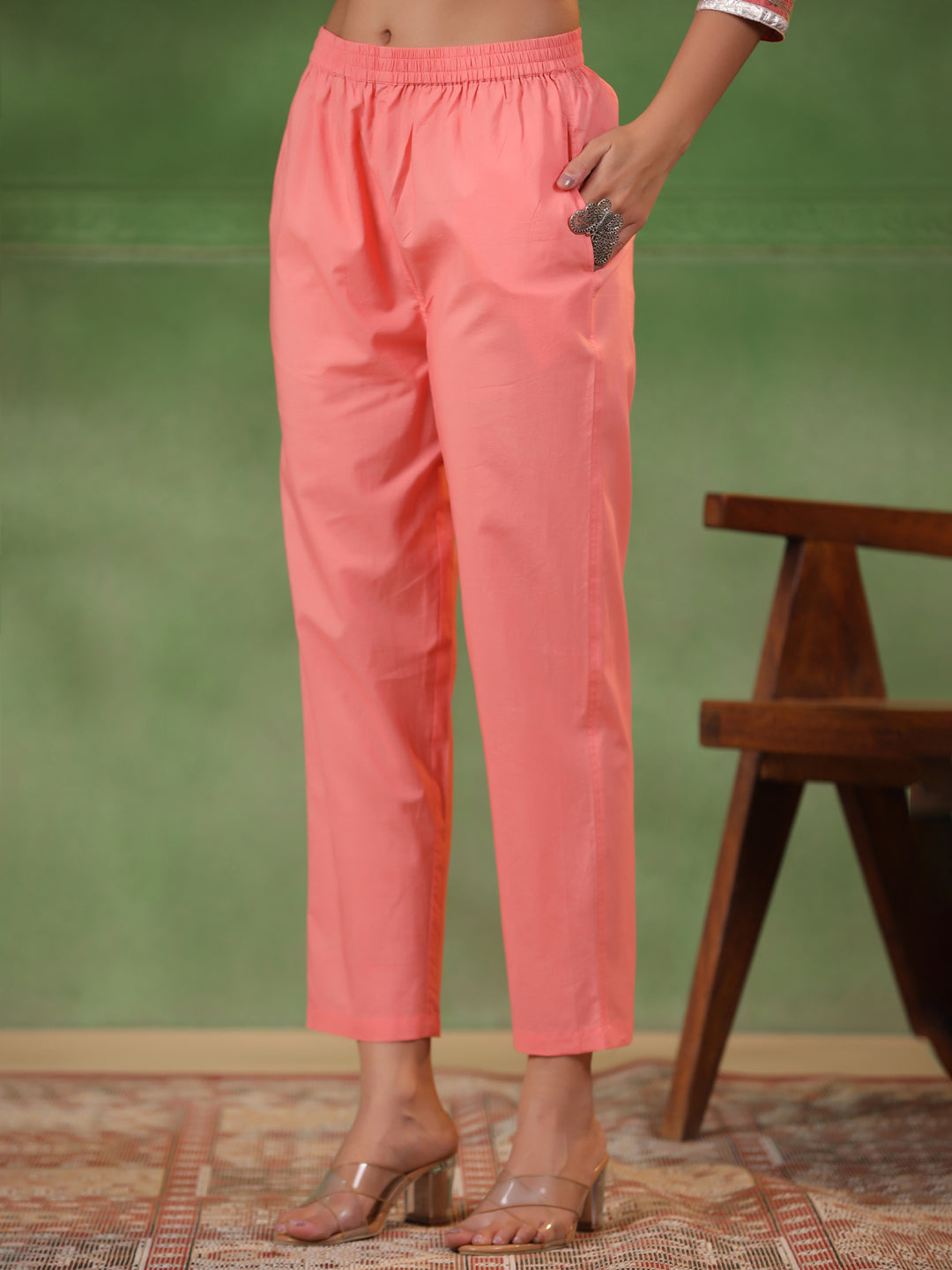 Peach V-Neck Pure Cotton Kurta Set with Dupatta for Women