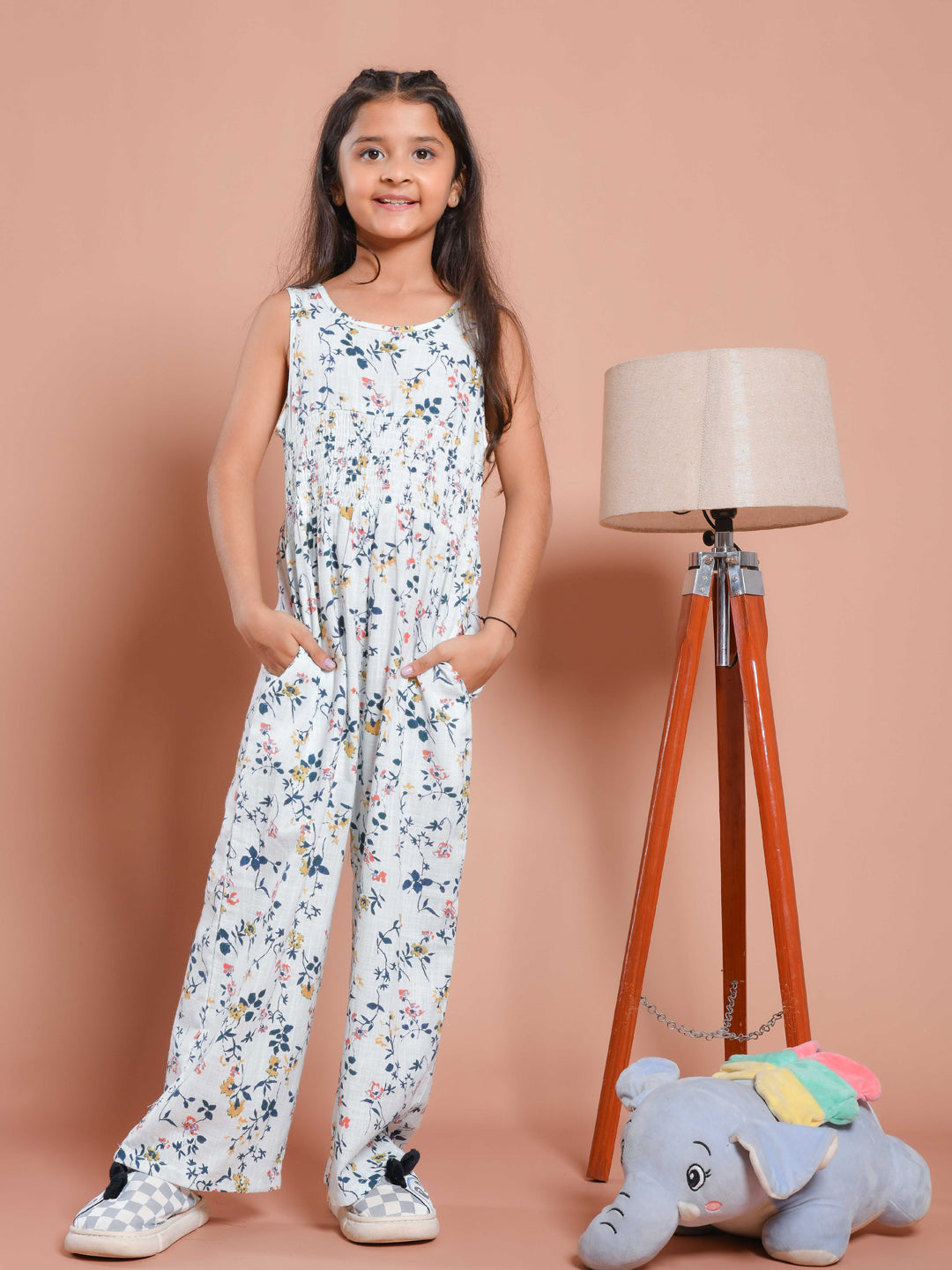 White Floral Printed Round Neck Jump Suit