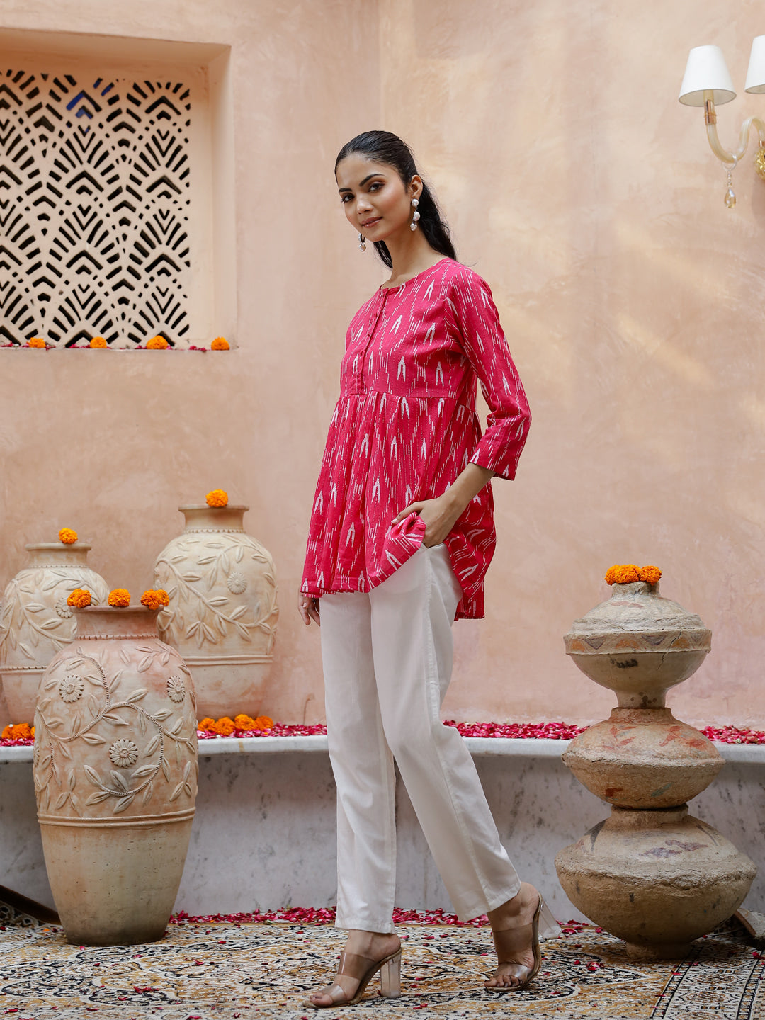 Pink Pure Cotton Round Neck Kurti For Women
