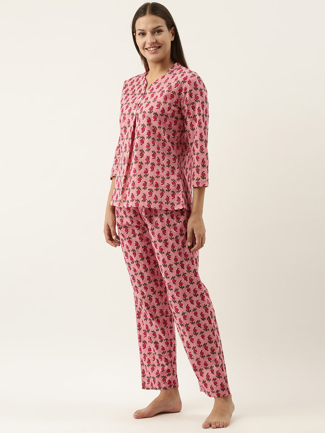 Pink Printed V-Neck Pure Cotton Pyjama Night Suit For Women