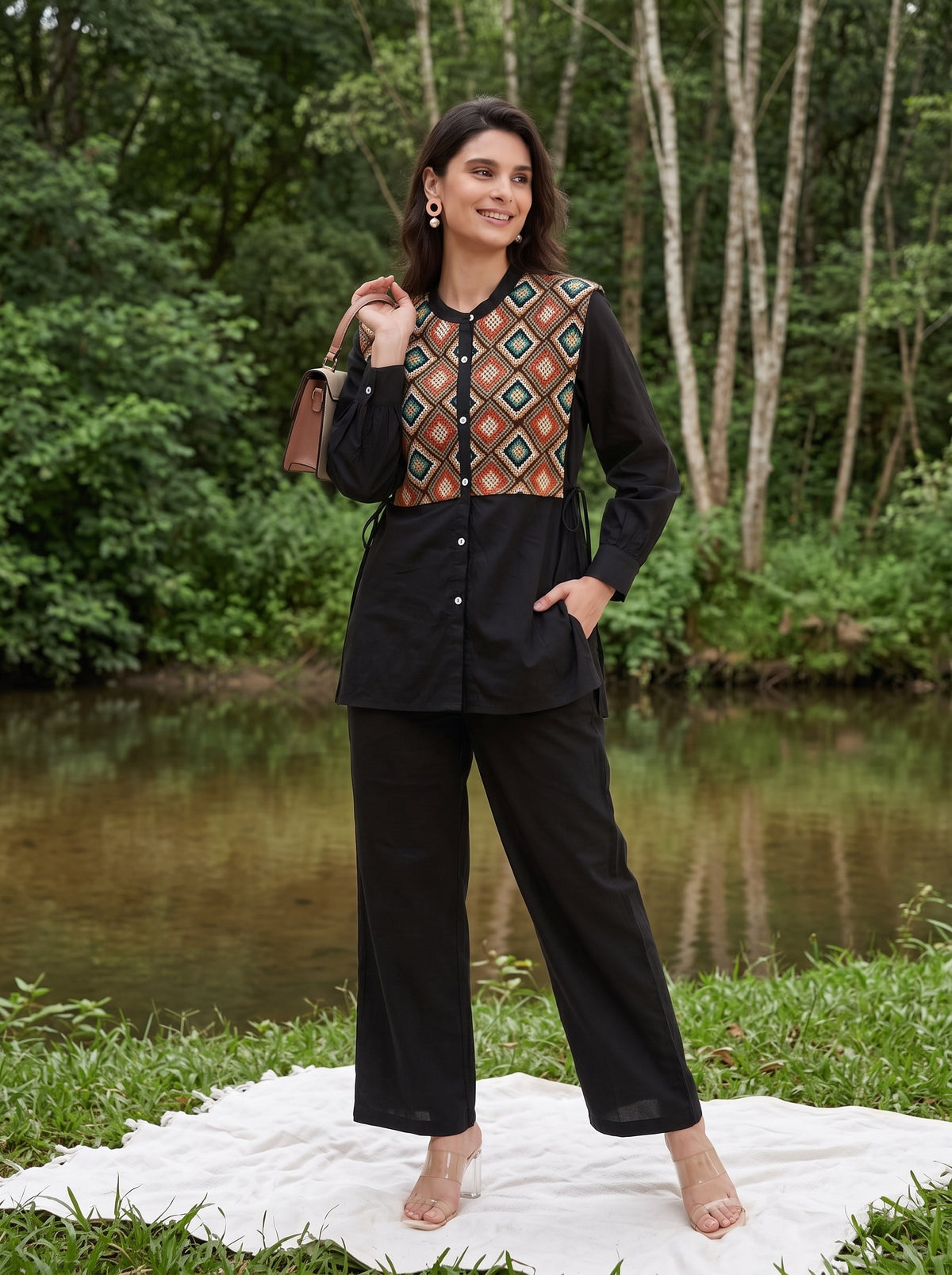Black Solid Round Neck Pure Cotton Co-Ord Set For Women