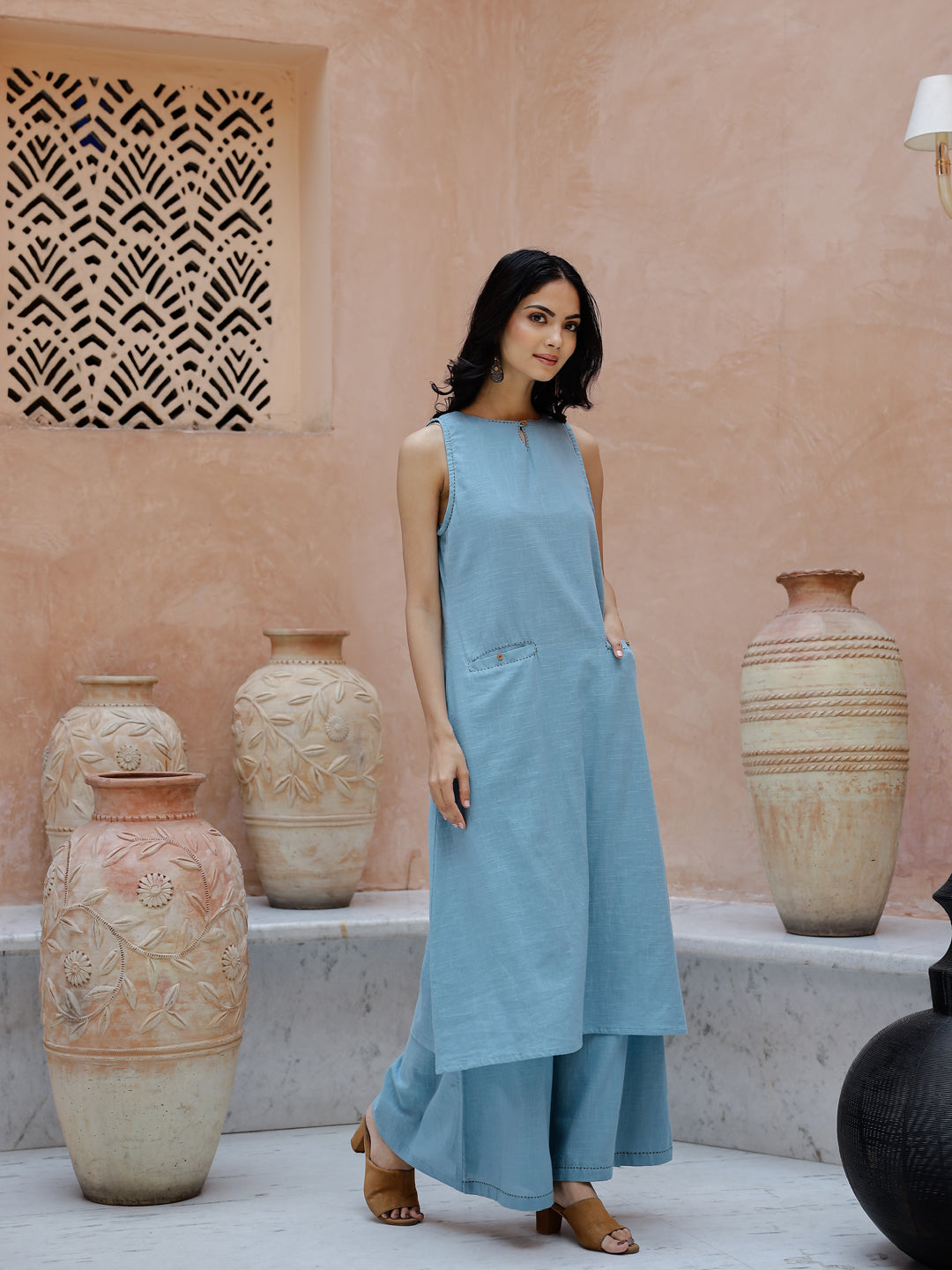 Blue Solid Print Cotton Kurta Set