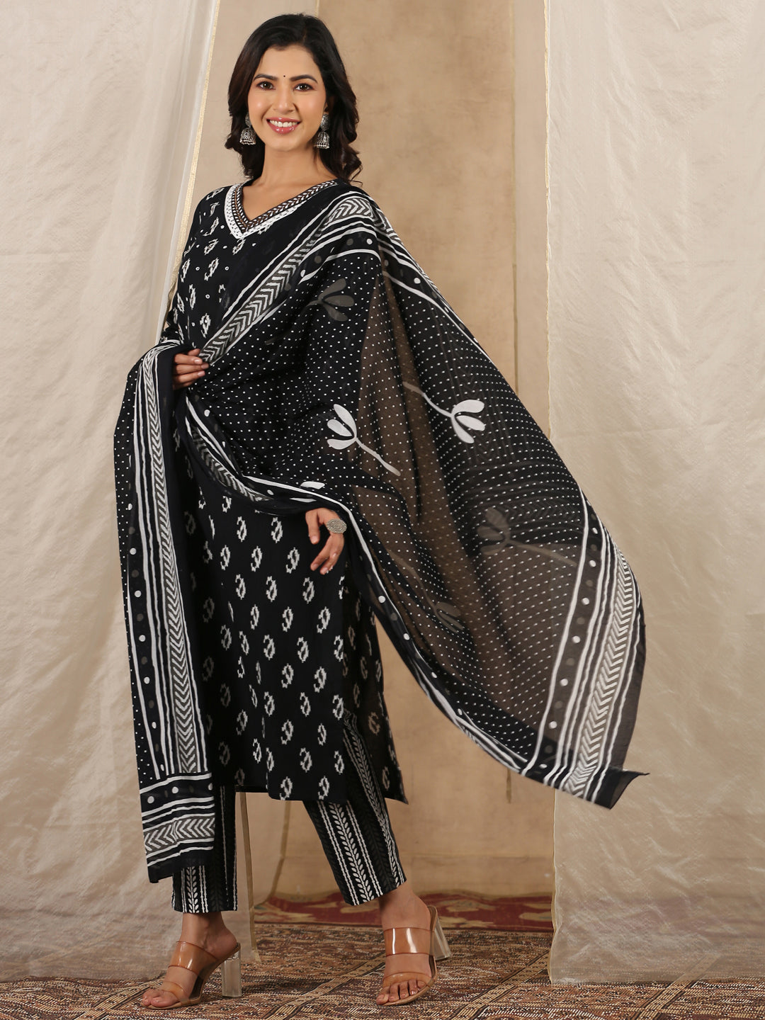 Black V-Neck Ethnic Motifs Print Pure Cotton Kurta With Trousers & Dupatta