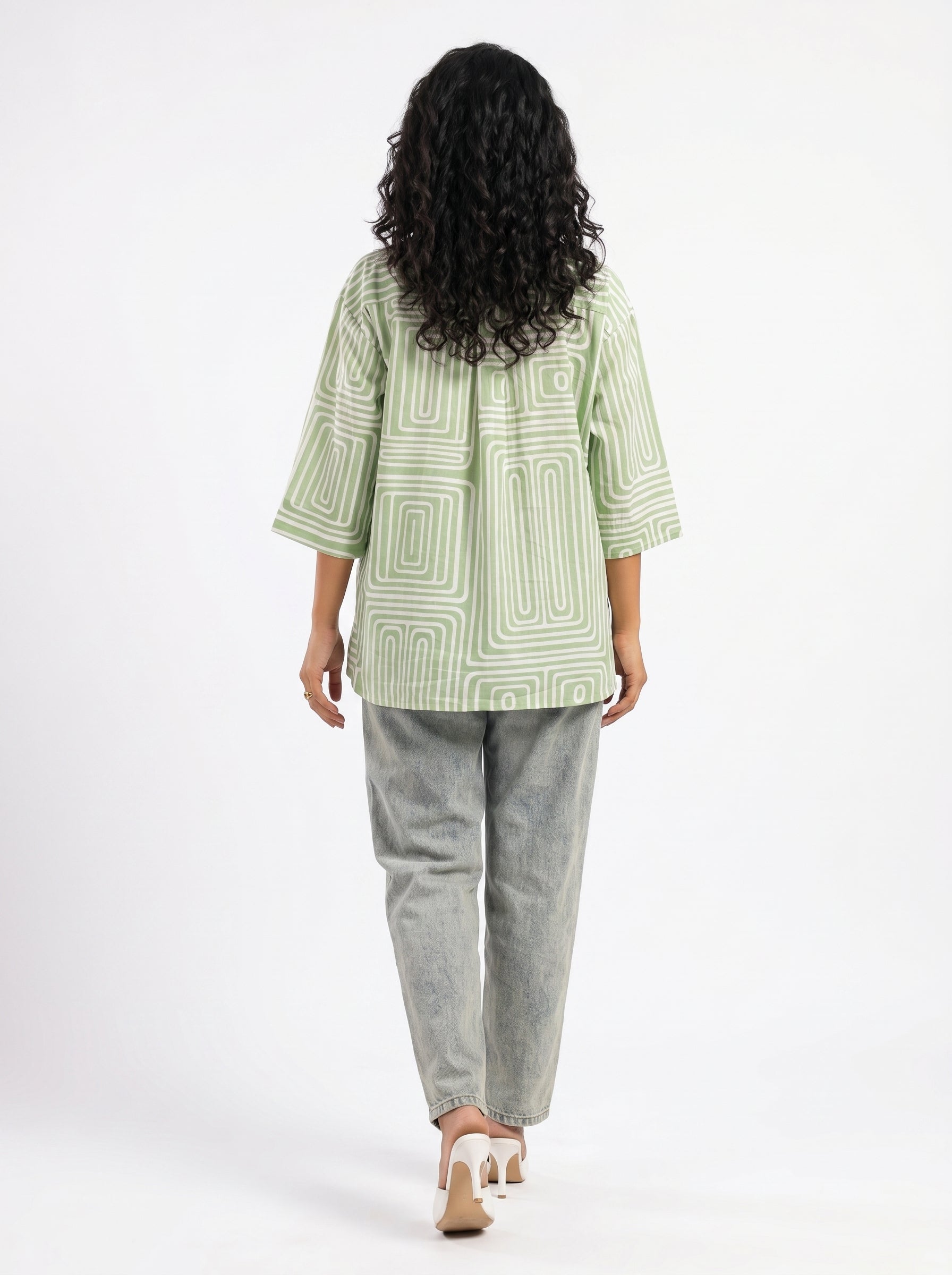 Green Shirt Collar Geometric Print Cotton Top For Women