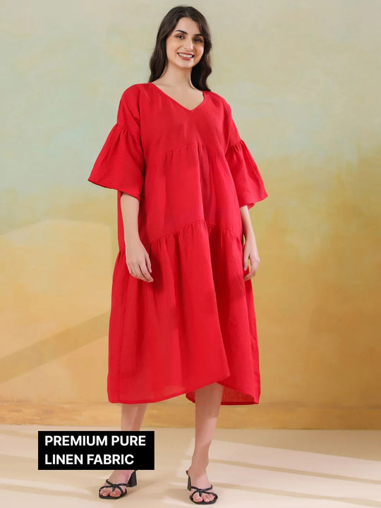 Red Color Linen Blend V-Neck Dress for Women