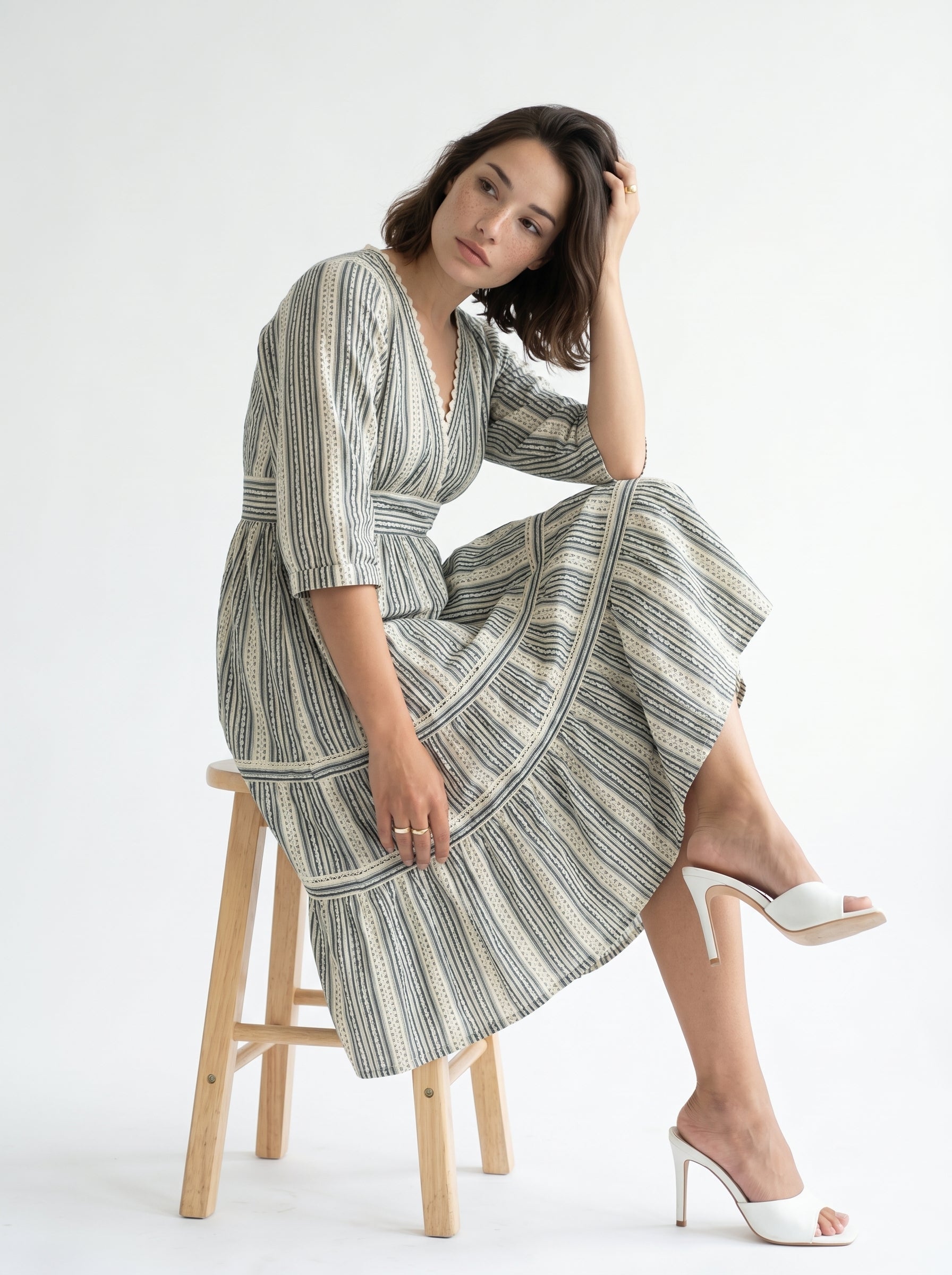 Off White V-Neck Abstract Print Cotton Flared Dress For Women