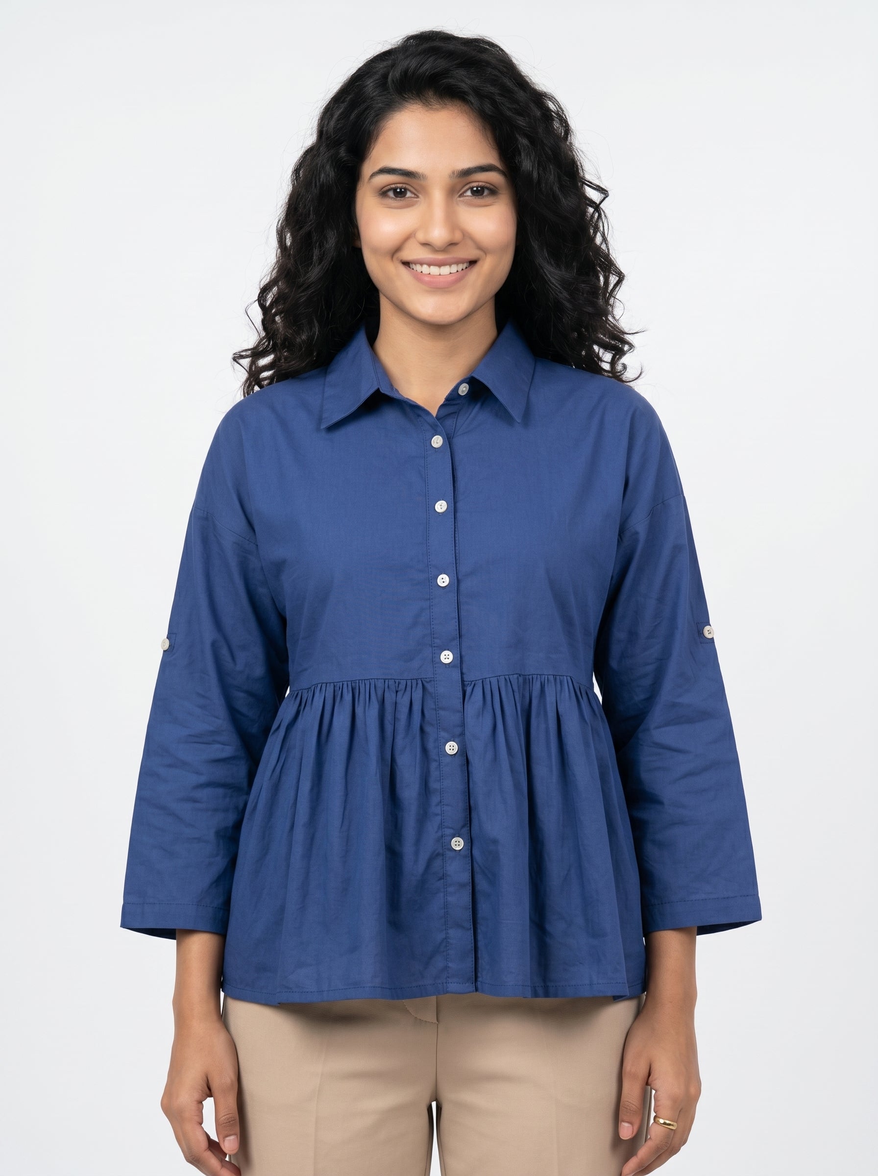 Blue Solid Spread Collar Cotton Shirt For Women