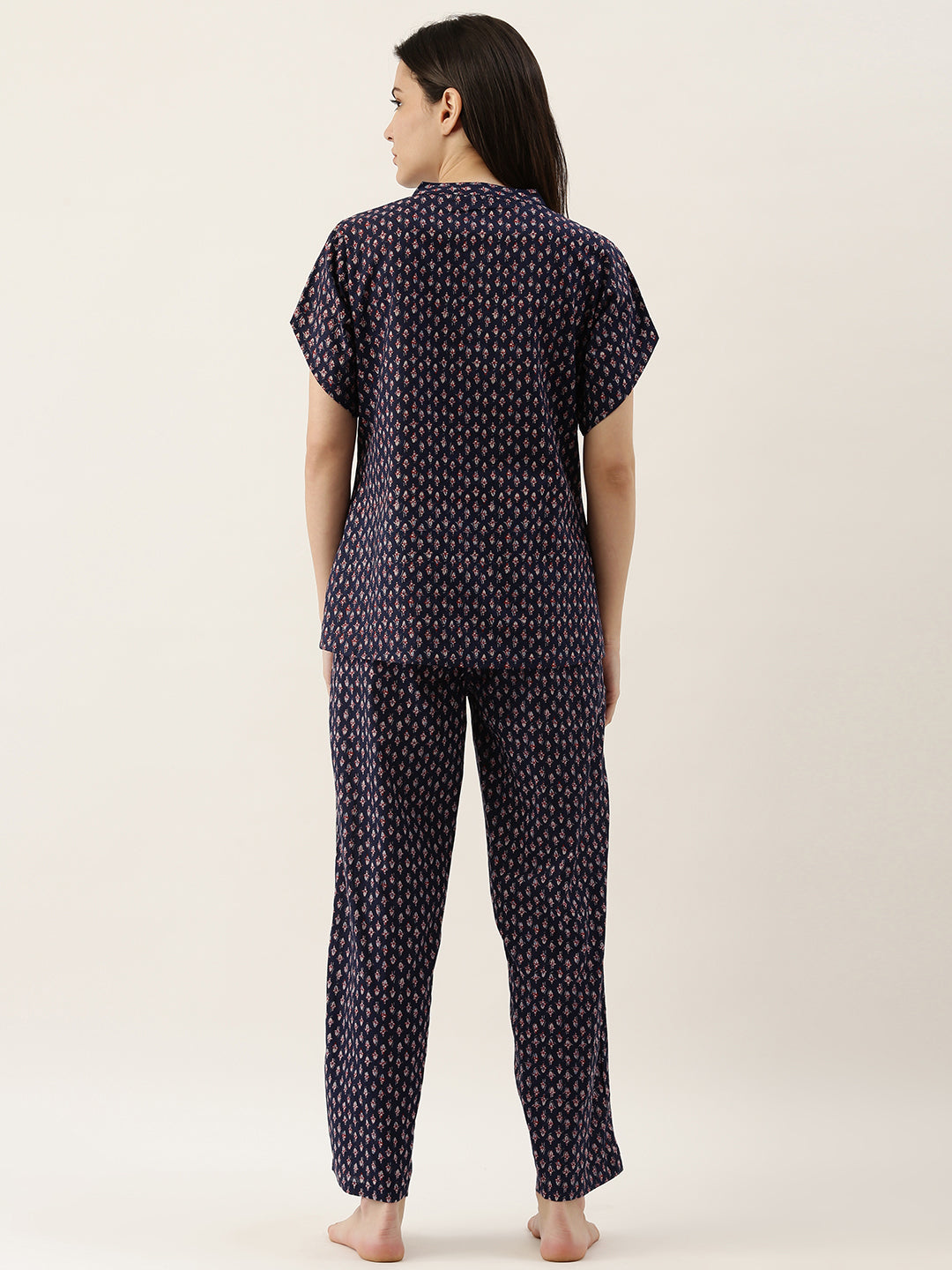 Navy Blue Round Neck Ethnic Motif Pure Cotton Night Suit Set For Women
