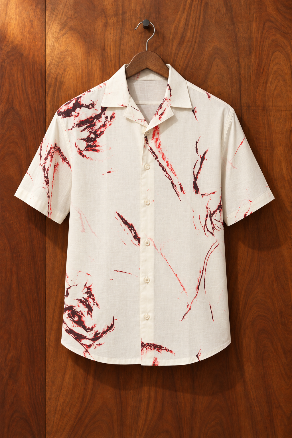 White & Red Abstract Printed Cotton Cuban Collar Short Sleeve Shirt