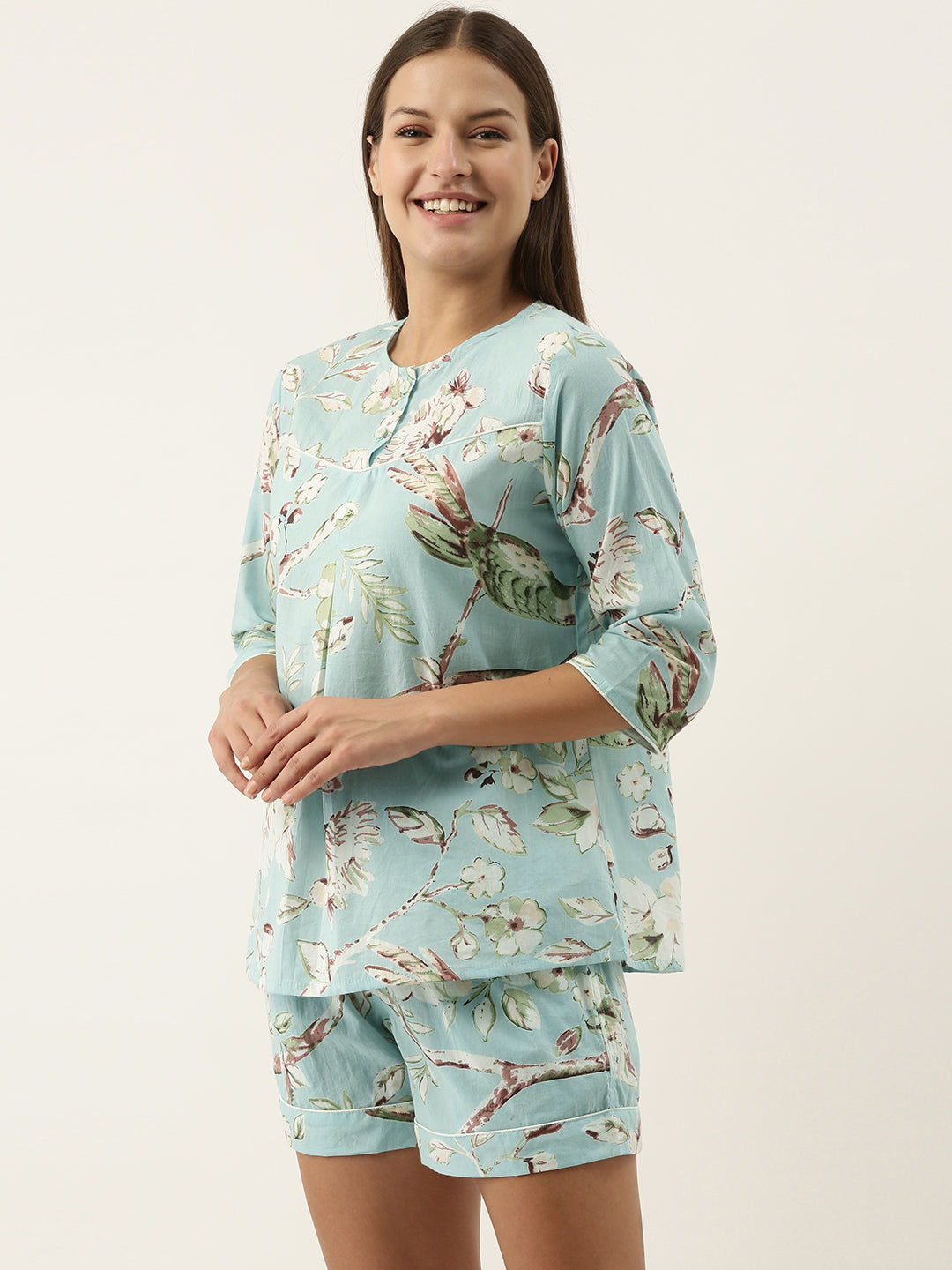 Sky Blue Cotton Printed Night Suit Set