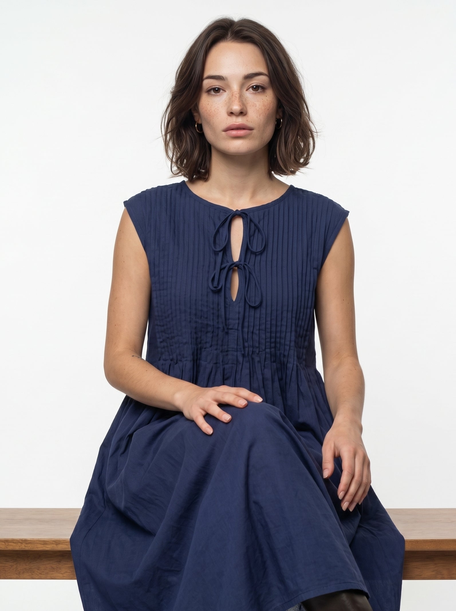 Navy Blue Solid Round Neck Flared Cotton Dress For Women