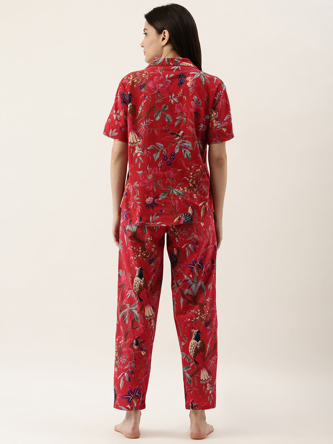 Red Printed Cotton Night Suit Set With Pajama For Women