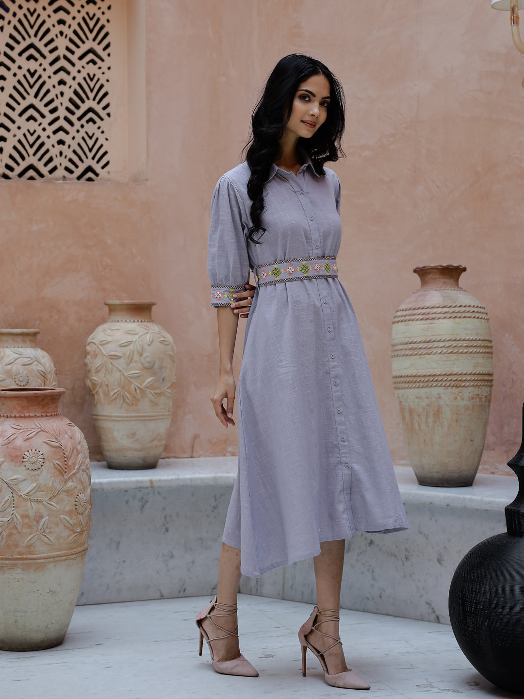 Solid Print Cotton Shirt Collar Dress