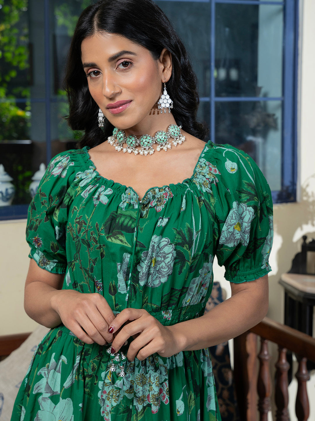 Green Floral Printed Square Neck Cotton Tiered Fit and Flare Ethnic Dress For Women