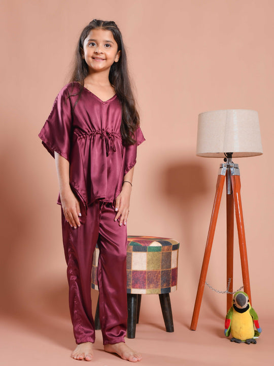 Burgundy Color V-Neck Solid Kids Night Suit