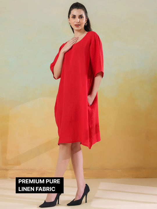 Red Round Neck Linen Blend Dress for Women